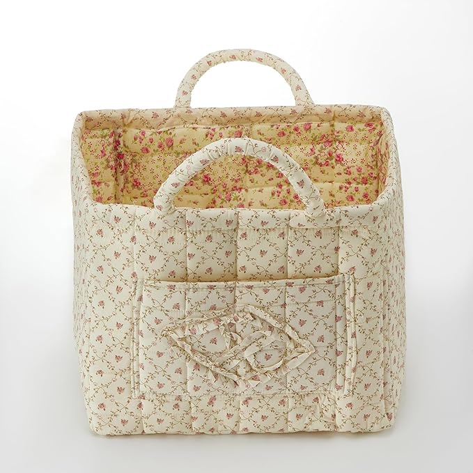 Boho Fabric Storage Basket Quilted Floral Print Baskets Organizer Bin with Handles for Home, Picnic, Shopping (Yellow, L)-NeatNest