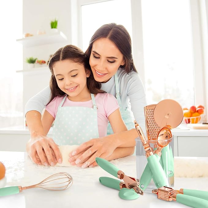 COOK WITH COLOR Kitchen Gadget Set Copper Plated Stainless Steel Utensils with Soft Touch Handles, Copper Mint, 7 Pieces-NeatNest