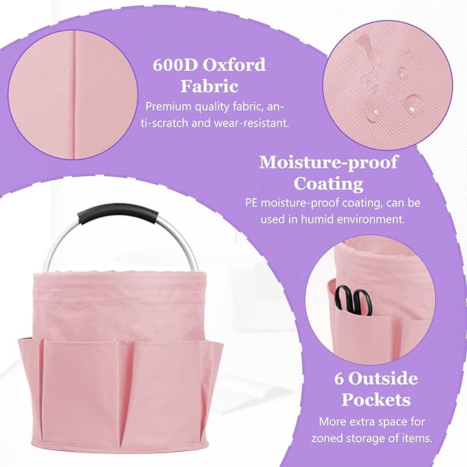 17L Portable Shower Caddy with 6 Side Pockets, Foldable Cleaning Supply Caddy with Handle, Garden Tool Bag in 600D Oxford Fabric, Multifunctional Storage Basket for Showers, Picnics, Pink-NeatNest
