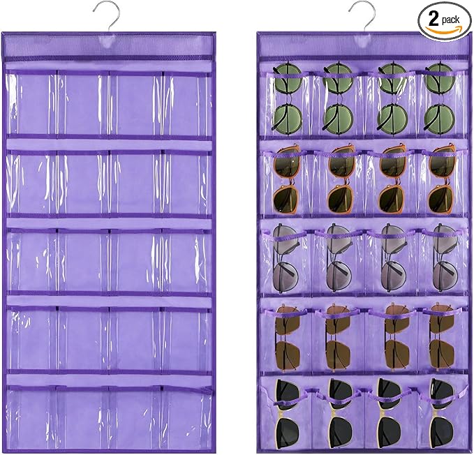 2 Pcs Sunglasses Organizer Storage Sunglass Holder for Wall Hanging Eyeglass Organizer for Multiple Glasses with 40 Clear Slots (PURPLE)-NeatNest