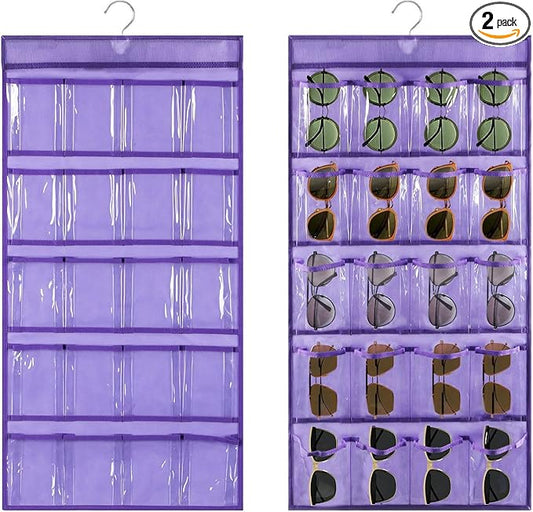 2 Pcs Sunglasses Organizer Storage Sunglass Holder for Wall Hanging Eyeglass Organizer for Multiple Glasses with 40 Clear Slots (PURPLE)-NeatNest