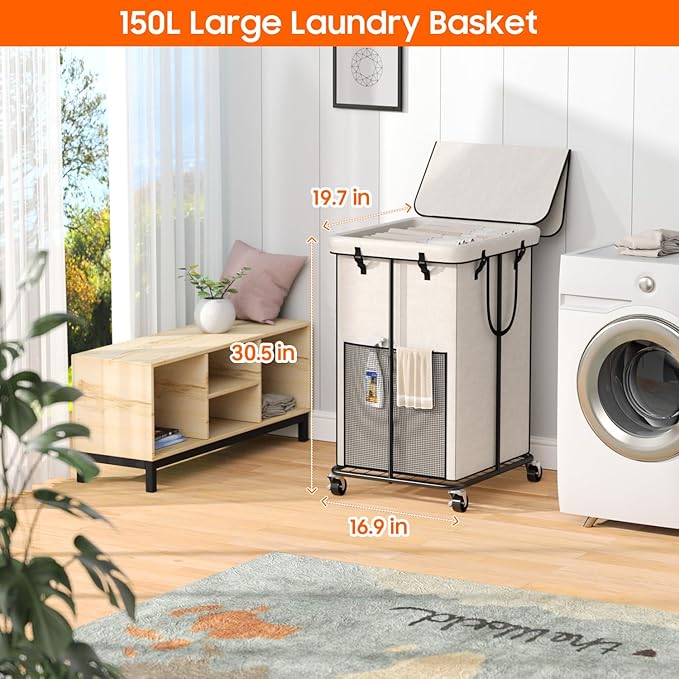 150l Laundry Hamper with Lid, Rolling Laundry Basket with Wheels, Large & Tall Dirty Clothes Hamper with Metal Frame and Removable Bag for Bedroom Aesthetic, Laundry Room, Bathroom, Dorm-White