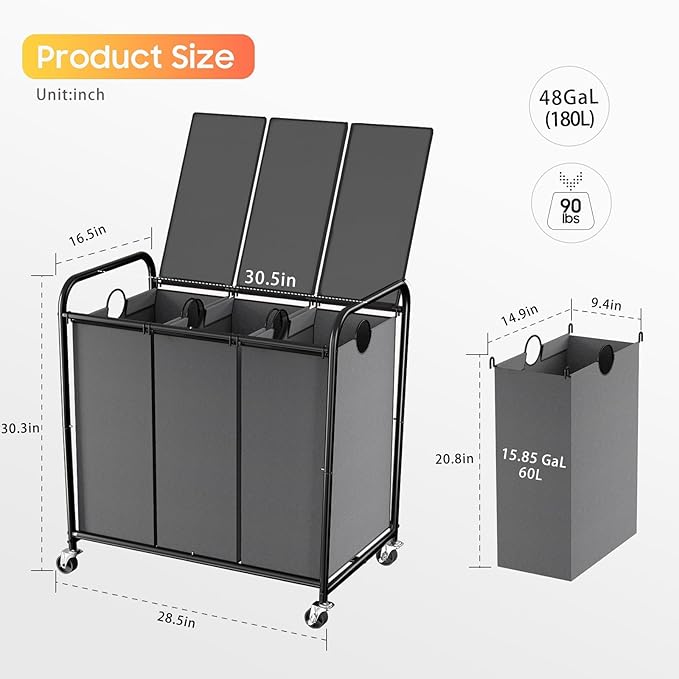180L (47.55 Gal) Laundry Sorter 3 Section, Rolling Laundry Basket with Lockable Wheels and Lid, Laundry Hamper with 3 Separated Removable Bags Dirty Clothes Hamper for Laundry Room Organizer, Grey-NeatNest