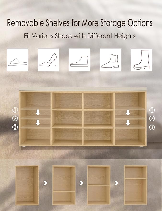 DINZI LVJ Shoe Storage Bench with Cushion, 12-Cubby Shoe Rack, Adjustable Shelves, 40.9" Long Shoe Organizer Bench for Entryway, Mudroom, Hallway, Garage, Natural and Cappuccino Beige-NeatNest
