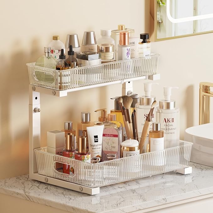 2 Pack Under Sink Organizer, 2-Tier Pull Out Cabinet Organizer, Elegant Acrylic Under Sink Storage Shelf for Kitchen Bathroom Cabinet, L-Shaped Adjustable Height for Maximum Space Efficiency-White-NeatNest