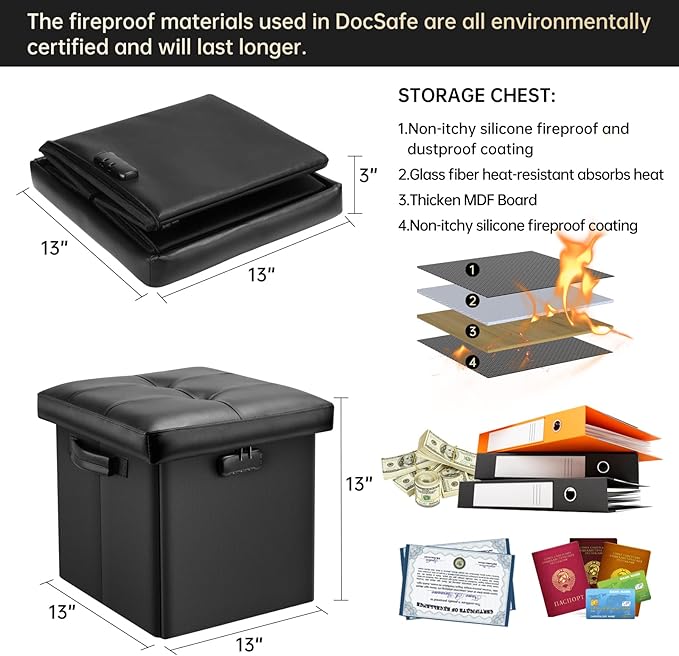 DocSafe Storage Ottoman with Lock,Fireproof Folding Ottoman Foot Rest Stool Storage Chest with Storage Safe for Important Documents,Waterproof 13 Inches Short Ottoman Foot Stool with Handles,Black-NeatNest