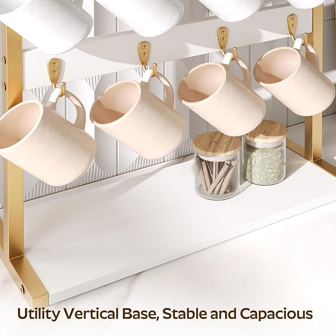 Coffee Mug Holder for Counter, 2 Tier Mug Tree Rack, with 8 Hook and 2 Open Shelves, Vintage Mug Holder Stand for Home Kitchen, White and Gold MH43DW-NeatNest