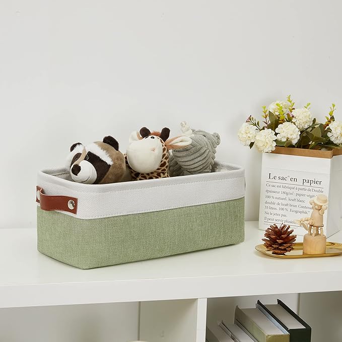 DULLEMELO Narrow Storage Basket for Bathroom, Toilet Paper Holder, Canvas Storage Basket for Organizing (White & Green)-NeatNest