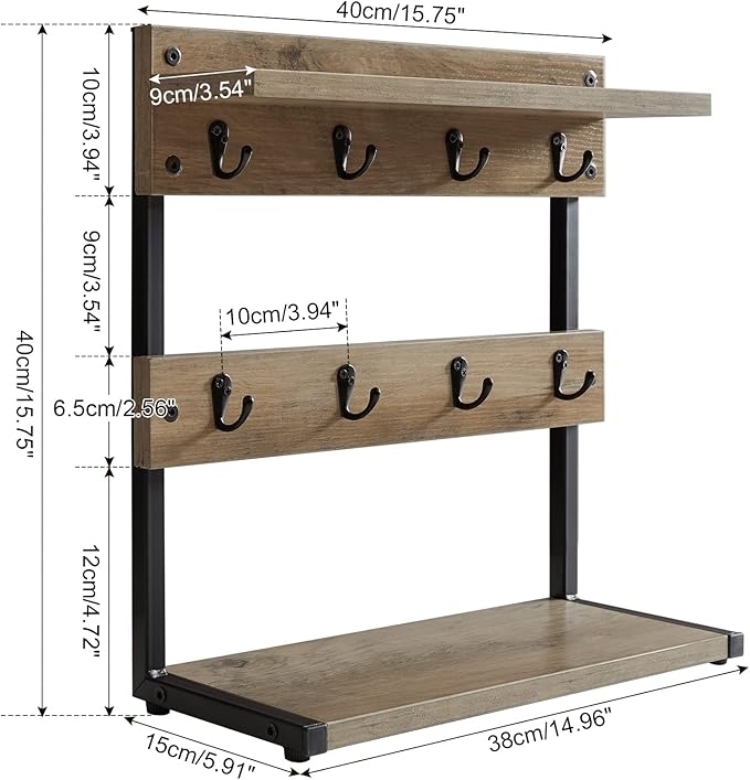 IBUYKE Rustic Coffee Mug Holder Stand, 2 Tier Countertop Mug Tree Holder Rack with Storage Base, Vintage Mug Holders for Kitchen, Holds 8 Mugs, Beige UTBJ002Y-NeatNest