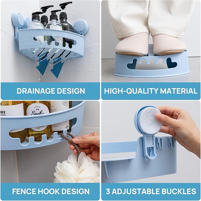 LEVERLOC Corner Shower Caddy Suction Cup, Shower Caddy Basket Powerful Suction Bathroom, Waterproof & Rustproof Organizer for Bathroom Storage, No-Drilling Removable (Blue)