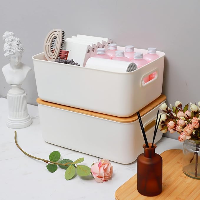 Citylife 2 PCS Storage Bins with Bamboo Lids Plastic Storage Containers for Organizing Stackable Storage Box with Handle, 15.12 x 10.67 x 5.98 inch-NeatNest