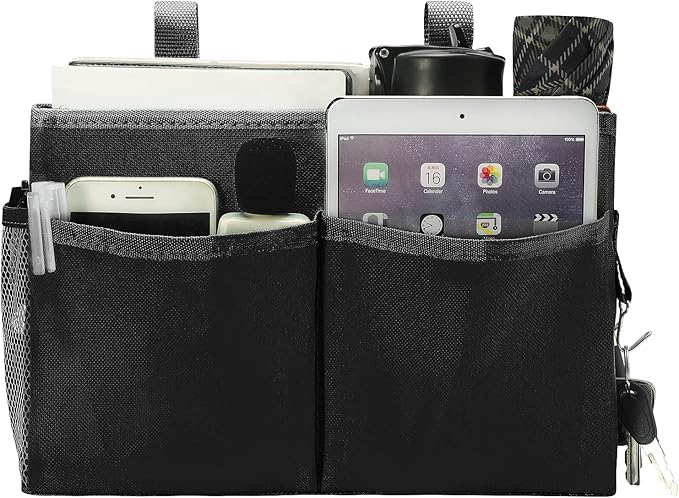 Bunk Bed Organizer, Bedside Caddy Hanging Bed Organizer Storage Bag with 4 Pockets and 2 Hooks, for College Dorm Rooms Bed, Hospital Bed, Baby Bed Rails, 600D Oxford Cloth (Black)-NeatNest