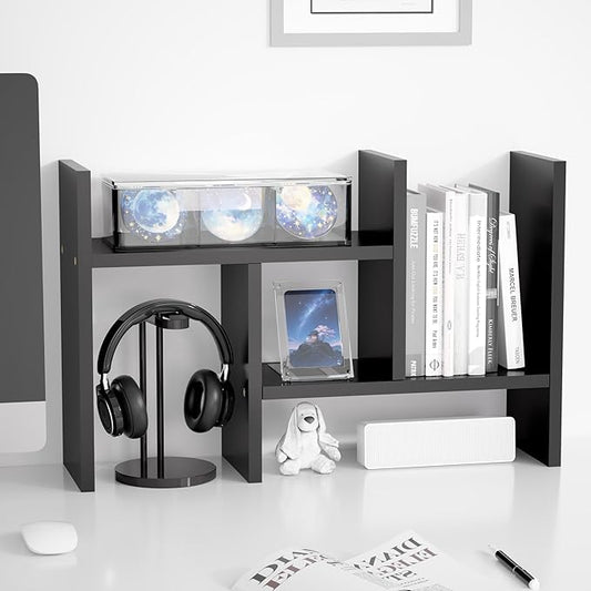 Jerry & Maggie Desktop Organizer Office Storage Rack Adjustable Wood Display Shelf Free Style Double H, Multi-Functional Mini Bookshelf for Desk Natural Stand (Black)-NeatNest