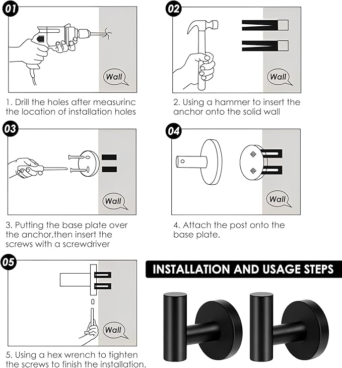 4PCS Bathroom Towel Hook, Black Coat Robe Hook Matte Black, Stainless Steel Wall Hook for Bathroom Bedroom Kitchen Cabinet Closet Hotel, Heavy Duty Drill-Installed Door/Wall Hanger