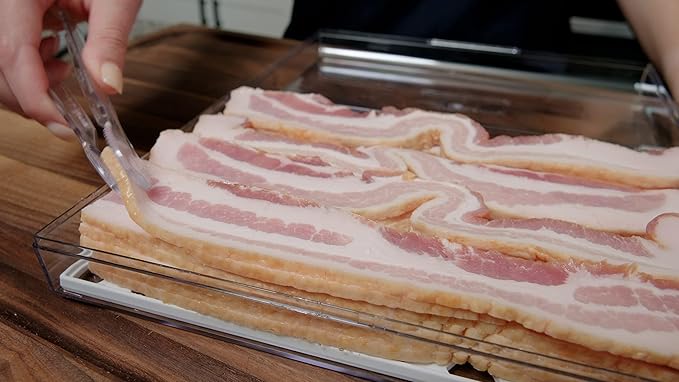 Bacon Container for Refrigerator | Fridge Storage and Deli Meat Keeper with Food Serving Tongs and Drain Plate | Dishwasher Safe | Made in USA