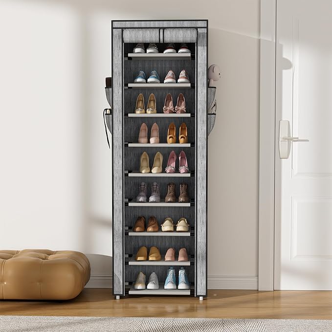 Shoe Rack with Cover Narrow Shoe Rack Organizer with 4 Side Pockets 10 Tier Tall Shoe Storage Shoe Shelf Holds 18-22 Pairs Shoes and Boots Shoe Rack for Closet, Printing-NeatNest