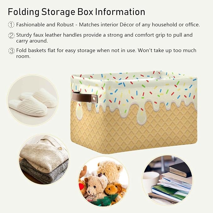 Kigai Ice Cream Texture Storage Bins for Shelves, Storage Basket with Double Handle, Foldable Storage Cubes with Metal Frame, Rectangular Closet Organizer Containers for Home Bedroom