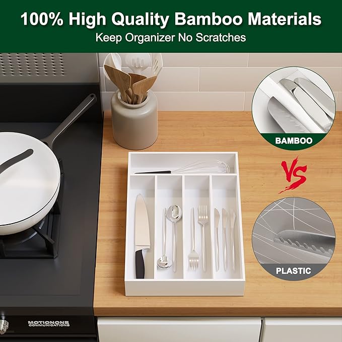 Bellsal White Utensil Organizer 10 Inch Silverware Tray for Drawer - 5 Compartment Small Narrow Bamboo-NeatNest