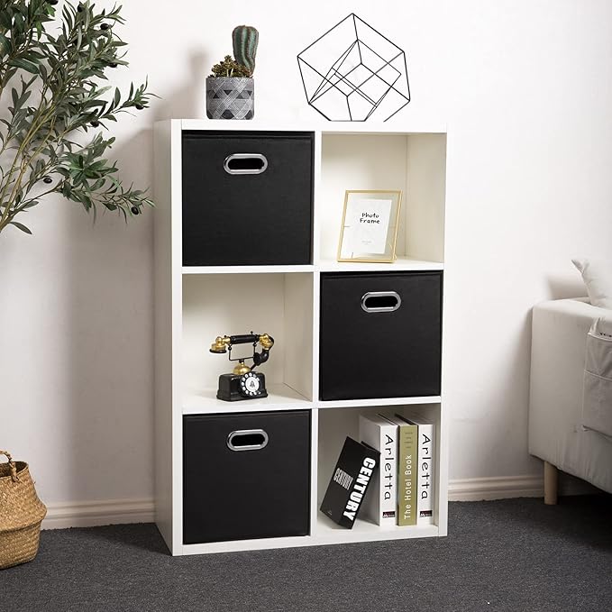 PRANDOM Leather Foldable Cube Storage Bins 13x13 inch [2-Pack] Fabric Storage Baskets Cubes Drawer with Cotton Handles Organizer for Shelves Nursery Closet Bedroom Clothes Black-NeatNest