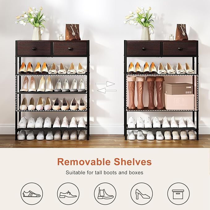Shoe Rack, 5 Tier Shoe Organizer with 2 Drawers, Metal Shoe Storage for 16-20 Pairs of Shoes with Fabric Shelves and Wooden Top, Narrow Shoe Shelf for Closet Entryway Dark Brown-NeatNest