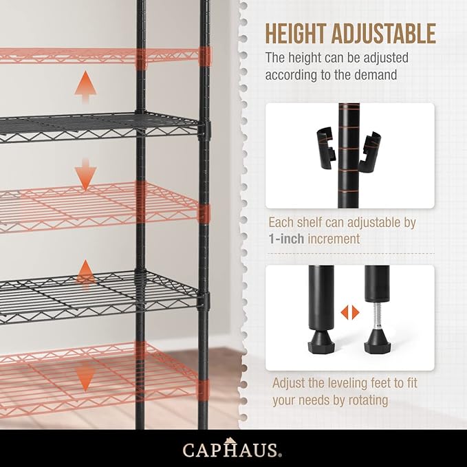 CAPHAUS NSF Adjustable Height Wire Shelving Unit w/Liner, 5-Tier Metal Steel Storage Shelf for Basement, Garage, Utility Organizer, No Wheels, Black-NeatNest