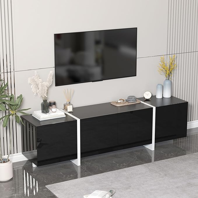 67" Wide High Gloss Modern TV Stand for 60/65/70/75 inch TV, Stylish Entertainment Center with Storage, Media Console for Living Room in Black-NeatNest