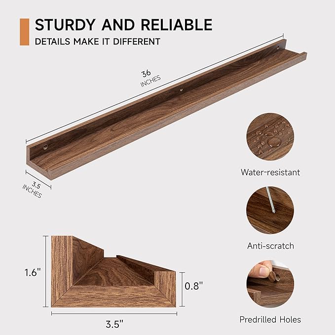 Fun Memories Picture Ledge Shelf, 36 Inch Floating Shelves Set of 2, Nursery Book Shelves for Toys Storage, Kids Bookshelf Wall Mounted for Wall Decor Books Photo Frames, Walnut-NeatNest