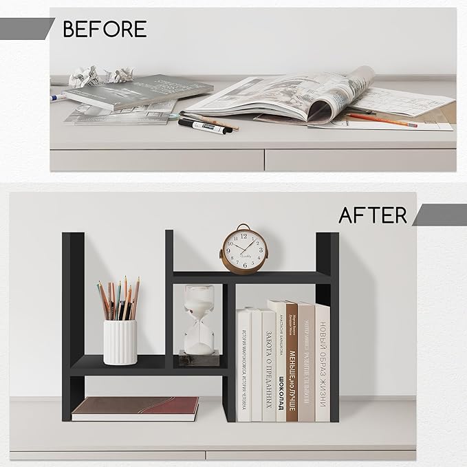 Jerry & Maggie Desktop Organizer Office Storage Rack Adjustable Wood Display Shelf Free Style Double H, Multi-Functional Mini Bookshelf for Desk Natural Stand (Black)-NeatNest