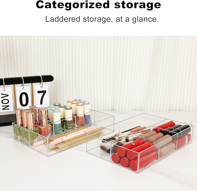 JessLab Acrylic Organizers, Bathroom Organizer for Drawer, Cosmetic Display Cases for Vanity, Countertop, Desk, Kitchen, and Makeup Storage, 2-Pack