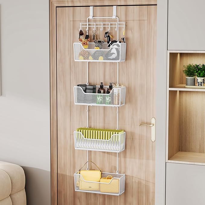 HapiRm Over Door Organizer Storage - Hanging Door Organizer with 4 Metal Large Capacity Baskets and Adjustable Coat Hook for Bathroom Bedroom Kitchen Pantry Closet Cabinet-NeatNest