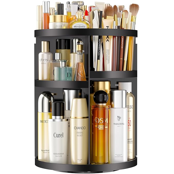 Makeup Organizer 360 rotating, Adjustable Skincare Organizers with Brush Holder, Cosmetics Display Cases for Vanity Bathroom Countertop Large Capacity Carousel Make up Caddy Shelf (Black)-NeatNest