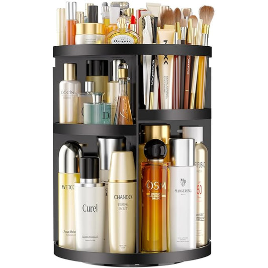 Makeup Organizer 360 rotating, Adjustable Skincare Organizers with Brush Holder, Cosmetics Display Cases for Vanity Bathroom Countertop Large Capacity Carousel Make up Caddy Shelf (Black)-NeatNest