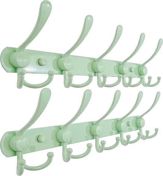 Dseap Coat Rack Wall Mounted - 5 Tri Hooks, Heavy Duty, Stainless Steel, Metal Coat Hook Rail for Coat Hat Towel Purse Robes Mudroom Bathroom Entryway (Green, Pack of 2)-NeatNest