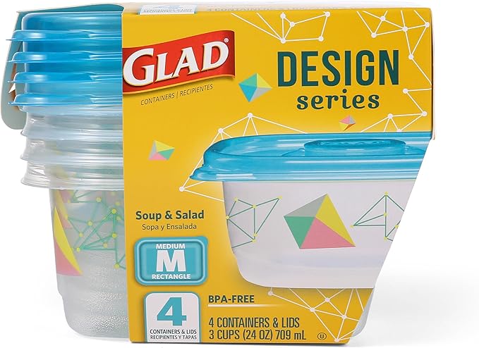 Glad GladWare Design Series Food Storage Containers - Medium Rectangle - Meal Container Holds up to 24 Ounces of Food - Lock Tight Seal, 4 Count