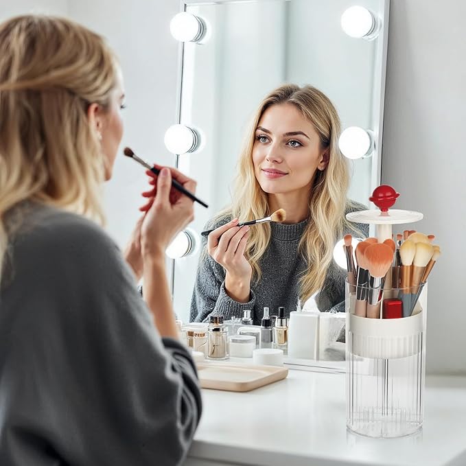 2 Pack Makeup Brush Holder with Lid Automatic Lifting Makeup Brush Organizer with Lid Dustproof & Waterproof 4-Compartment Clear Makeup Organizer for Vanity,Office,School,Dorm Room,Red+Silver-NeatNest