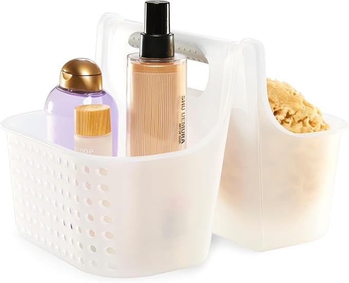 Madesmart 2-Compartment Soft Grip Shower Tote for Bathroom Organization, Plastic Storage Shower Caddy Bucket, Large, Frost