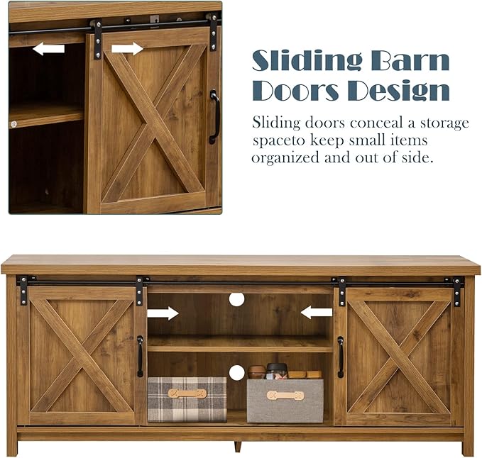 GAZHOME Modern Farmhouse TV Stand with Sliding Barn Doors, Media Entertainment Center Console Table for TVs up to 65”,2-Tier Large Storage Cabinets,Rustic TV Stand for Living Room Bedroom,Brown-NeatNest