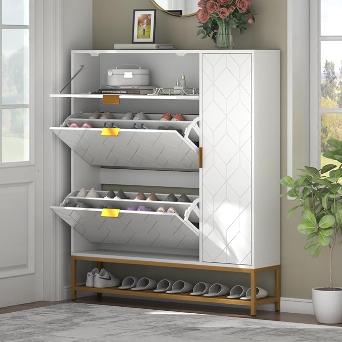 Loomie Shoe Cabinet,Freestanding Tipping Bucket Shoe Rack Organizer with 2 Flip Drawers,Entryway Narrow Shoe Storage with Adjustable Storage Shelf &Top Cubby,Modern Slim Hidden Shoe Cabinet, White-NeatNest