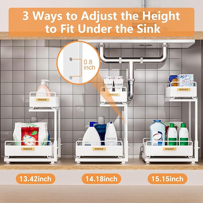 Under Sink Organizer, High Adjustable 2 Tier Under Kitchen Sink Organizer, Multi-Purpose Storage Shelf for Kitchen Bathroom Cabinet, White-NeatNest