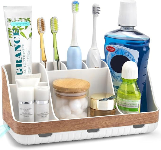 Bathroom Countertop Organizer - Detachable 7 Slots Kids Electric Toothbrush and Toothpaste Holde Drainage for Bathroom Accessories Organization Counter Vanity Storage, Woodgrain-NeatNest