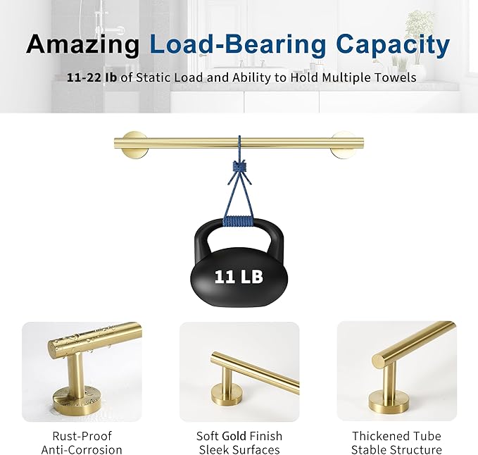Brushed Gold Towel Bar, 14 Inch Towel Racks for Bathroom Wall Mounted, Thicken SUS304 Stainless Steel Heavy Duty Hand Towel Holder Organizer, Bathroom Accessories, Total Length 16.5 Inch-NeatNest