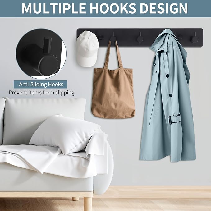 Coat Rack Wall Mount, Black Coat Hooks with 5 Hooks Heavy Duty Metal Towel Hook Rail Adhesive & Screw in Door Hooks Hanger Organizer Wall for Towels, Clothes, Hat-NeatNest