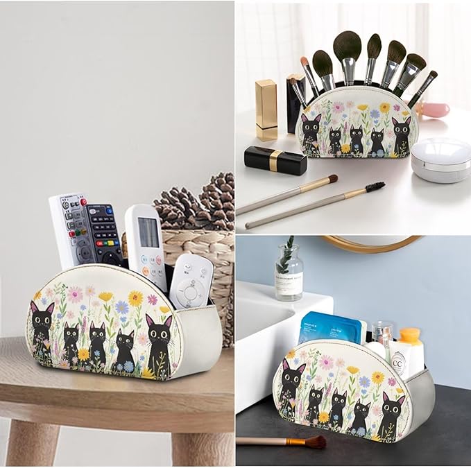 Cartoon Black Cat Floral Print Remote Control Holder with 5 Compartments, Office Desk Organizers - TV Stand Decor/Bedside Table Accessory Remote Caddy, Storage for Jewelry/Glasses-NeatNest