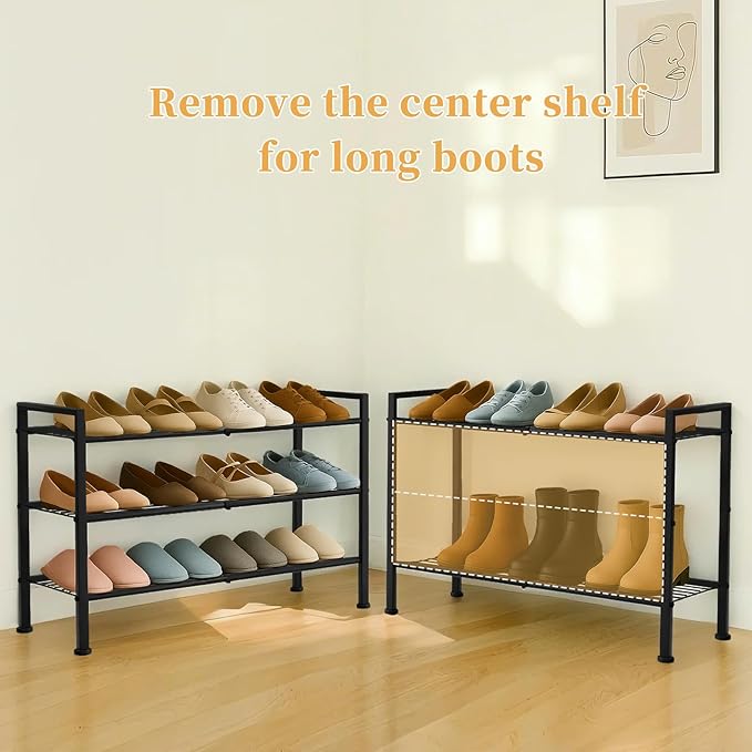 Simple 3 Tier Shoe Rack,Metal Stackable Shoe Storage Organizer for Closet,Entryway, Bedroom, Black (Black, 3-Tier)-NeatNest