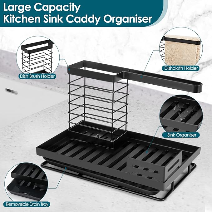 Sinnsally Sponge Holder for Kitchen Sink Caddy,Sink Organizer Rack with Dish Brush Holder & Drain Tray,Rustproof 304 Stainless Soap Dispenser Storage for Kitchen Organization Accessories & Decorations-NeatNest