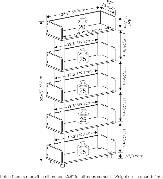 Furinno Turn-N-Tube 5-Tier Multipurposes Display Rack, Open Shelf Rack/Storage with Back & Side Panel, Amber Pine/Black-NeatNest