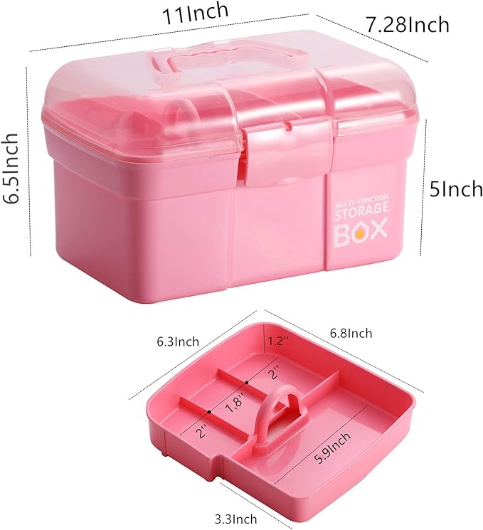 11'' Plastic Storage Box with Removable Tray, Multipurpose Organizer and Storage Case for Art Craft and Cosmetic (Pink)