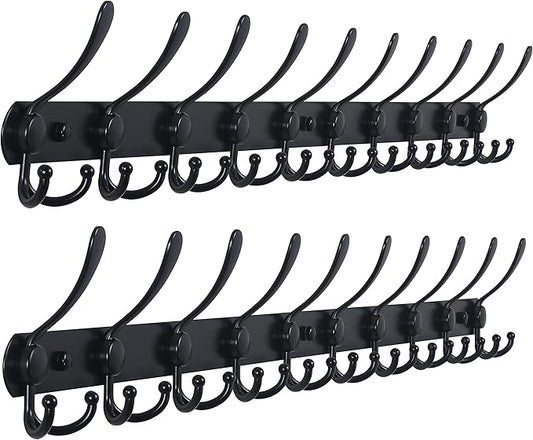 Dseap Coat Rack Wall Mount - 38” Long 10-Tri-Hooks Heavy Duty Coat Hanger Rail Wall Hooks for Hanging Coats Hats Clothing Clothes Purse Mudroom Entryway, Black, Pack of 2-NeatNest