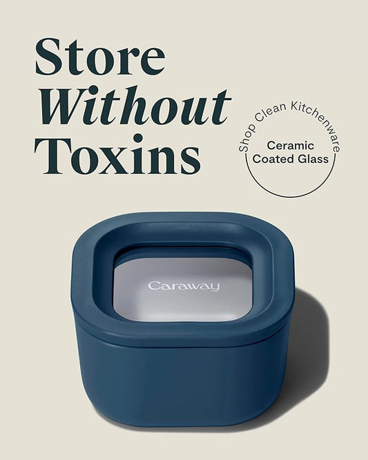 Caraway Mini Square Food Storage Container - 1.75 Cup Glass Storage Container for Food - Non-Toxic Ceramic-Coated Glass - Air Release Technology - Compact & Stackable Design - Navy-NeatNest