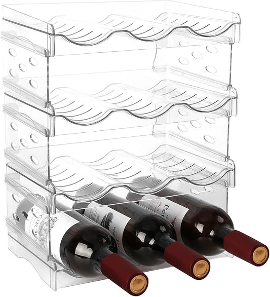 EZ COZY Wine Rack, 4 Tier Water Bottle Organizer for Cabinet, Stackable Clear Wine Holder for Pantry, Refrigerator, Countertop Organization (12 Bottles)